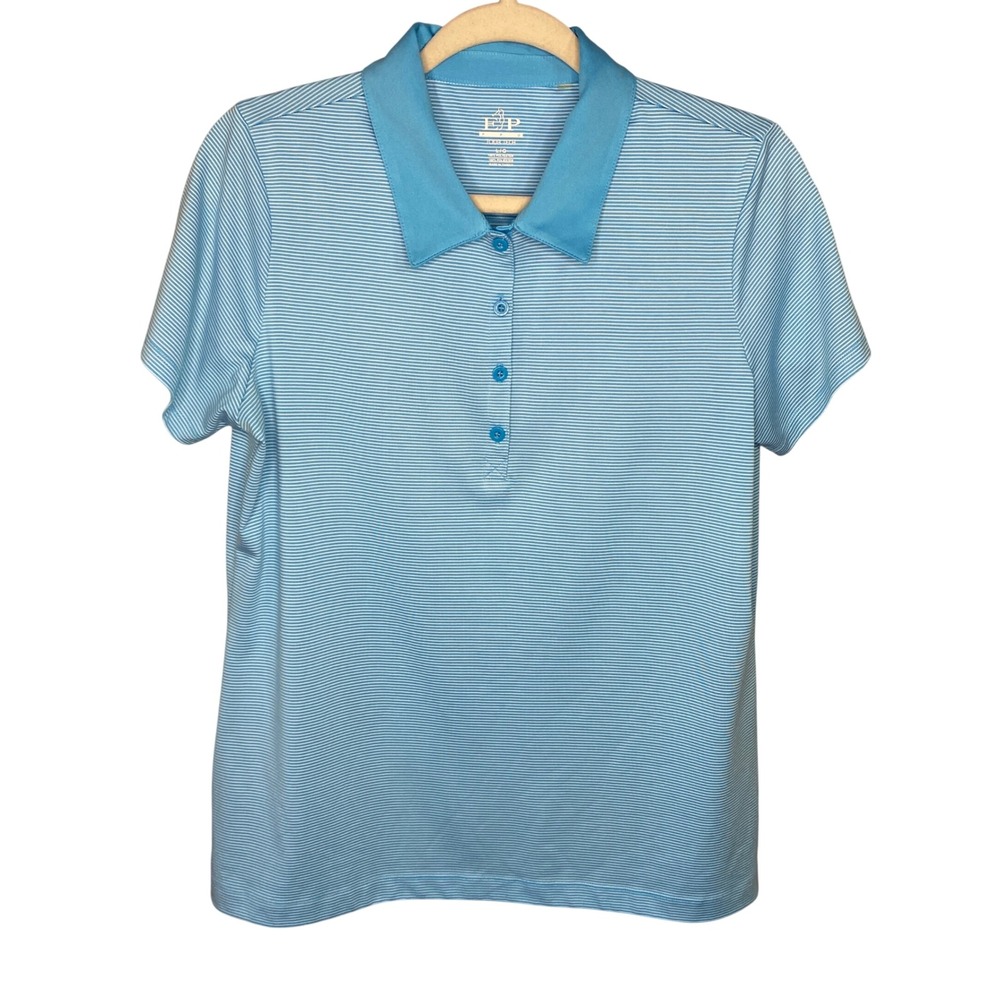EP Pro Tour Tech Womens Aqua Blue White Striped Golf Polo Shirt Size L